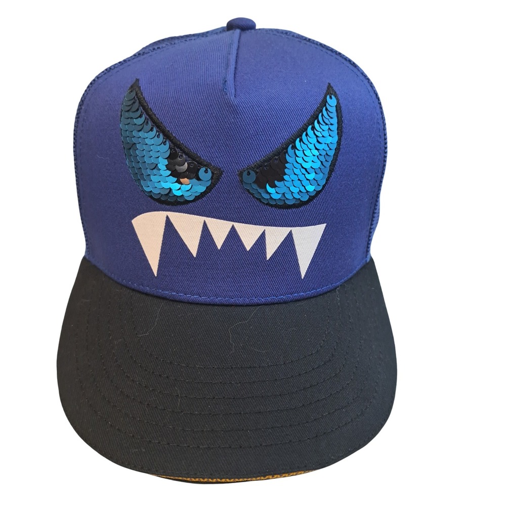 Monster Trucker Hat Adjustable Snapback Black Bill Blue Mesh Cap Sequin Eyeballs